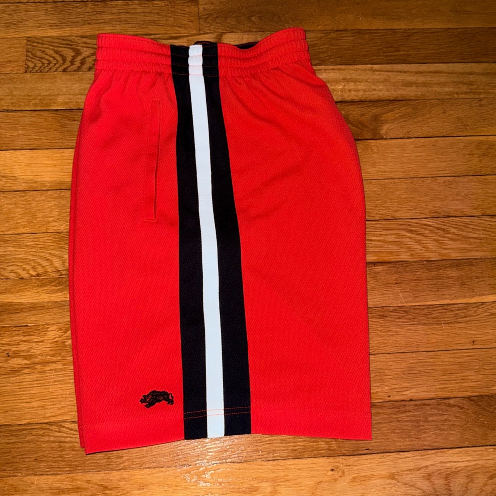 2 Pairs Red Shorts with Black and White Accents & Camo Gym Shorts both mediums